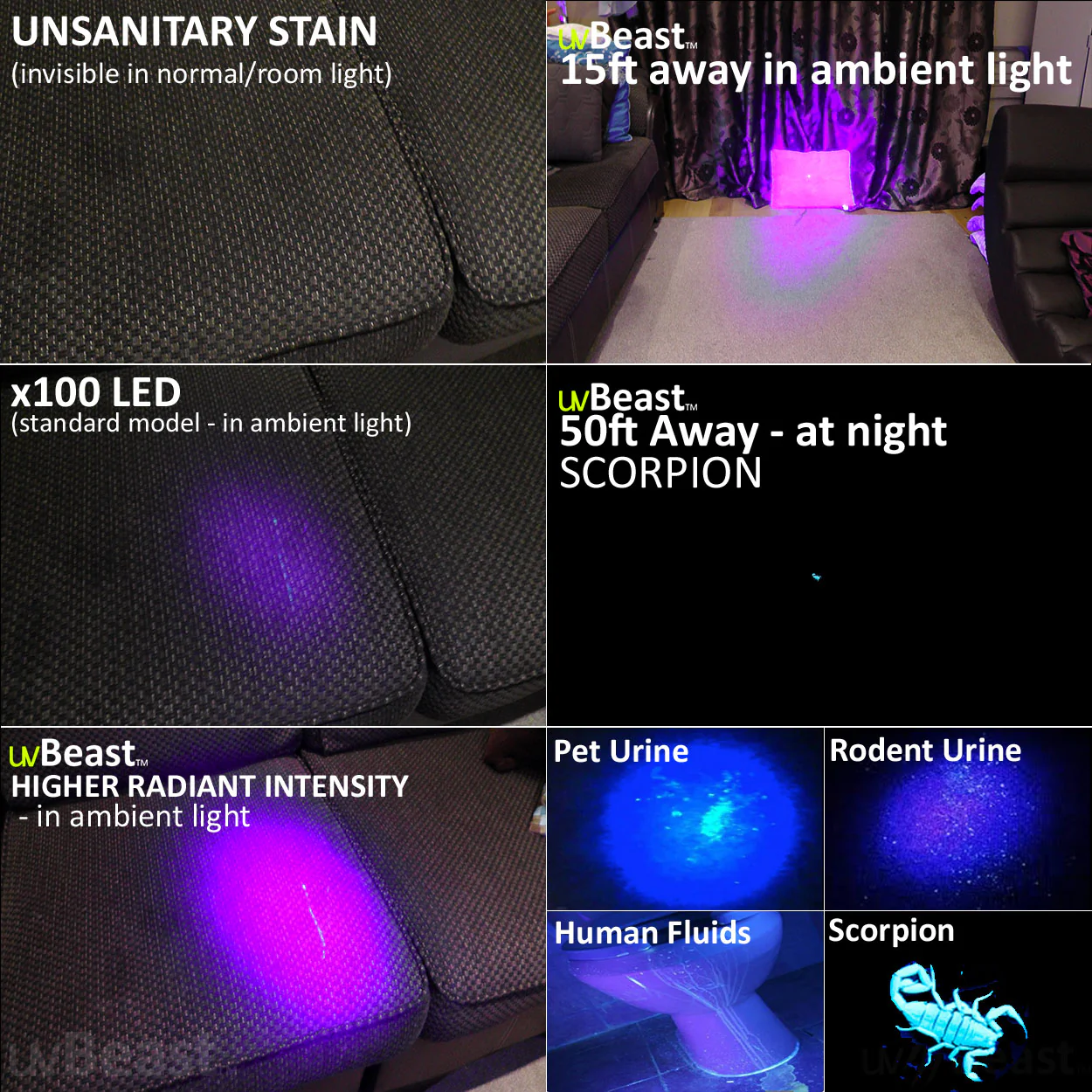 uvBeast Black Light UV Flashlight 100 LED V1 Flood Effect - Image 9